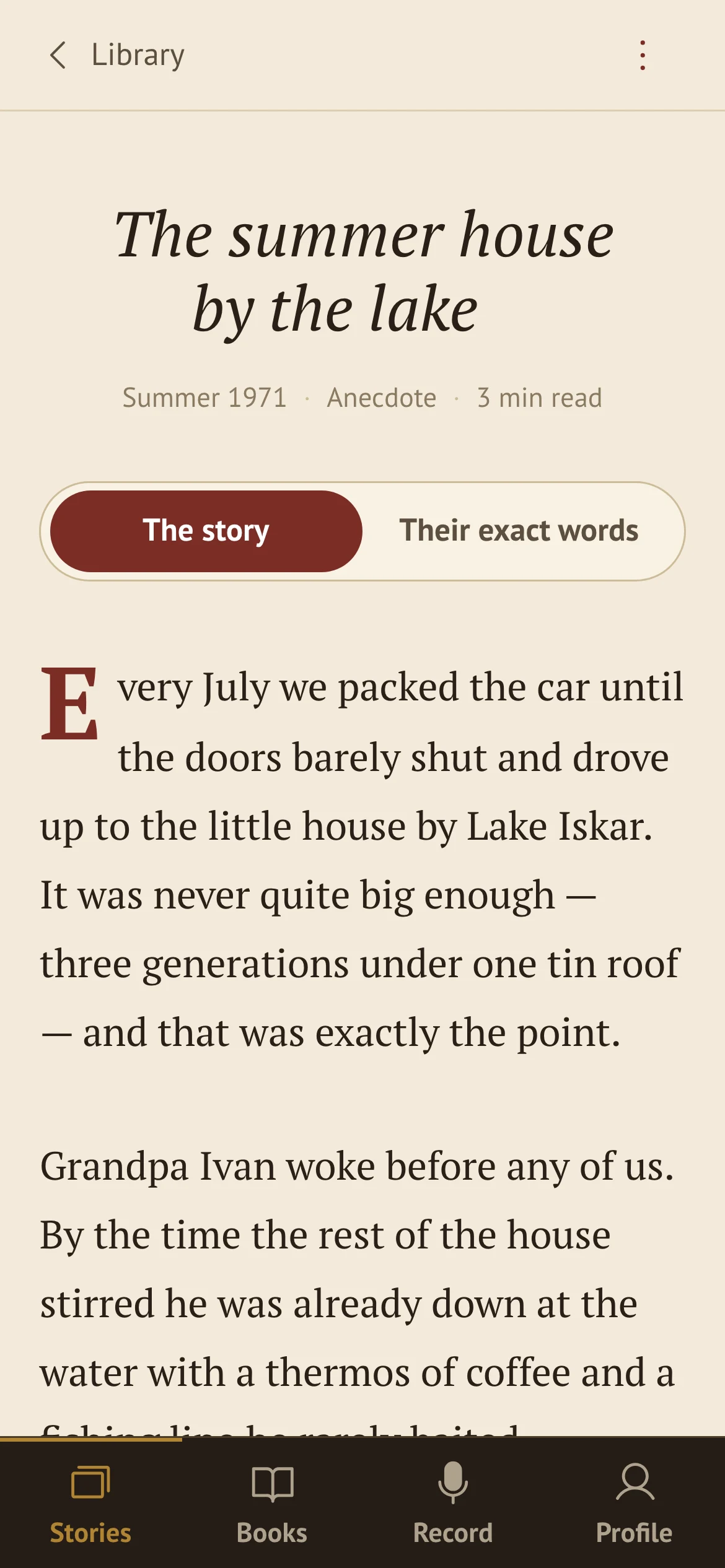 Story view — title, byline, and the drop-cap prose of the finished story