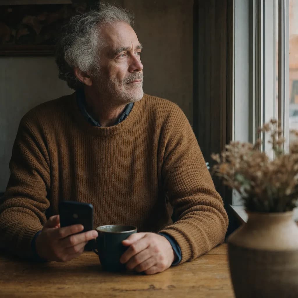 A man in his sixties sitting beside a window and reflecting over coffee.