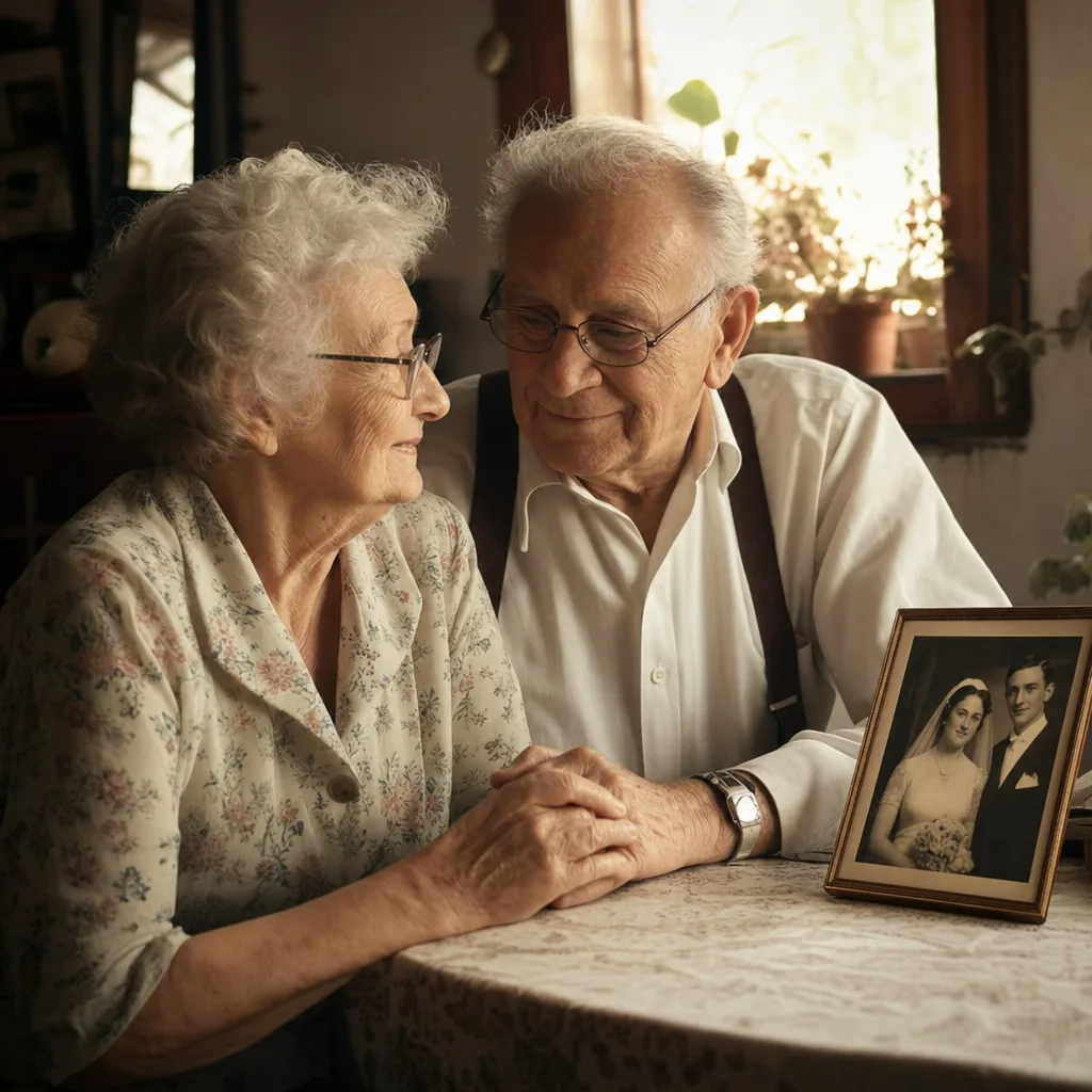 An older couple holding hands beside a photograph from their wedding day.