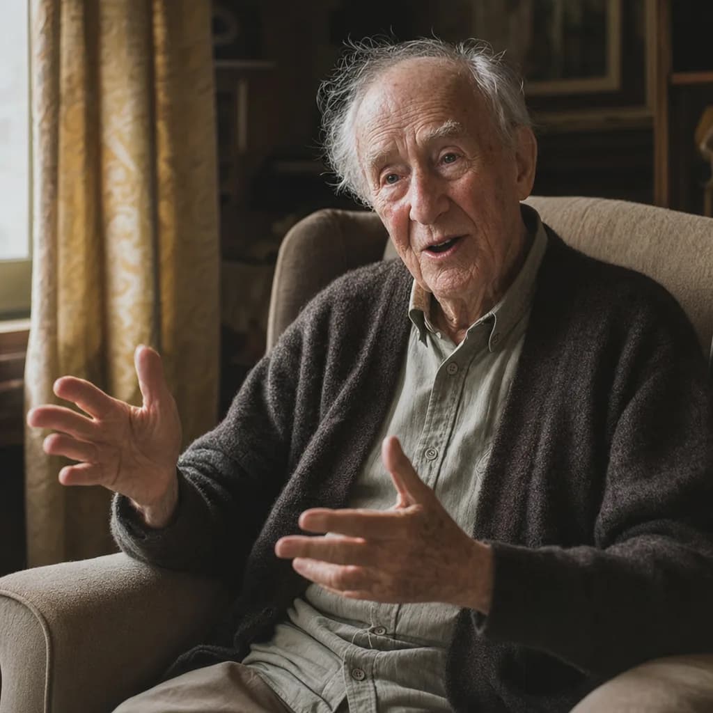 An older man telling an invented story from a comfortable armchair.
