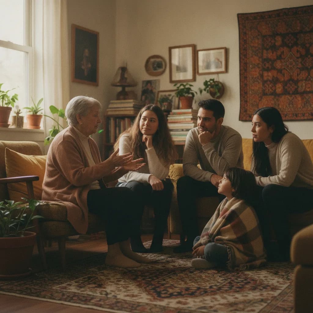 An older relative telling a family story to several generations gathered at home.