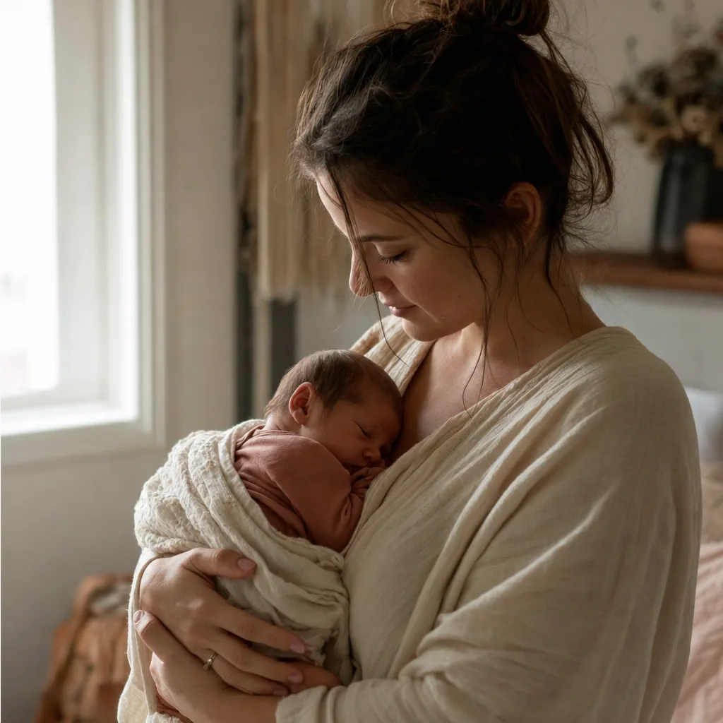 A new mother cradling her baby in a quiet sunlit room.