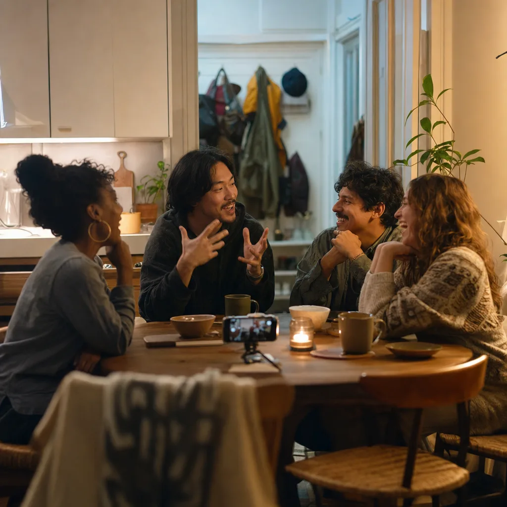 Four friends retelling stories around a kitchen table after a trip.