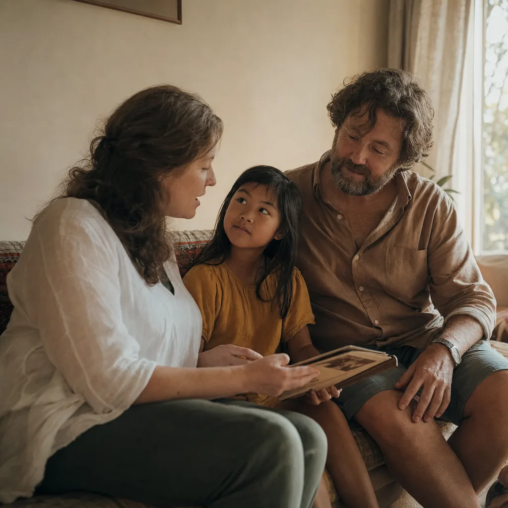 Two parents and their child looking through a small family album on the sofa.
