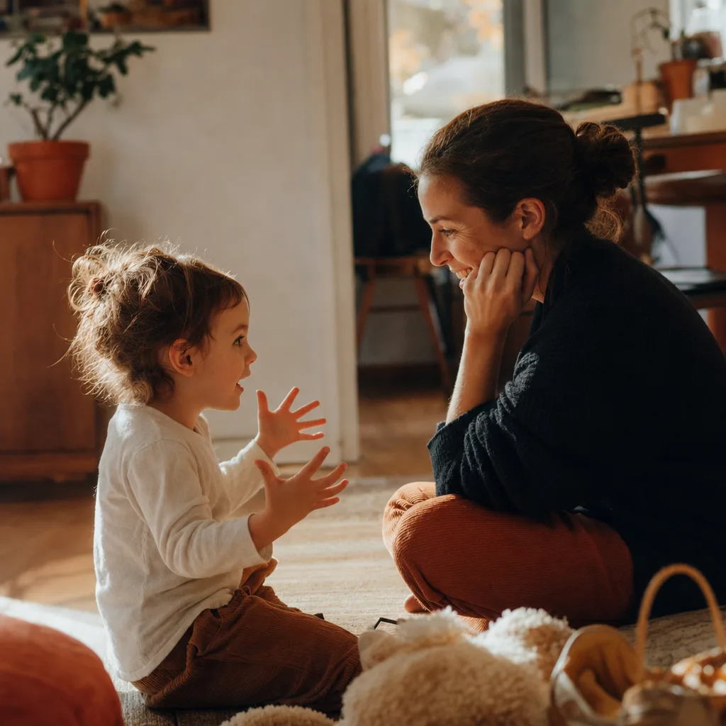 A parent sitting on the floor and listening as their small child talks.