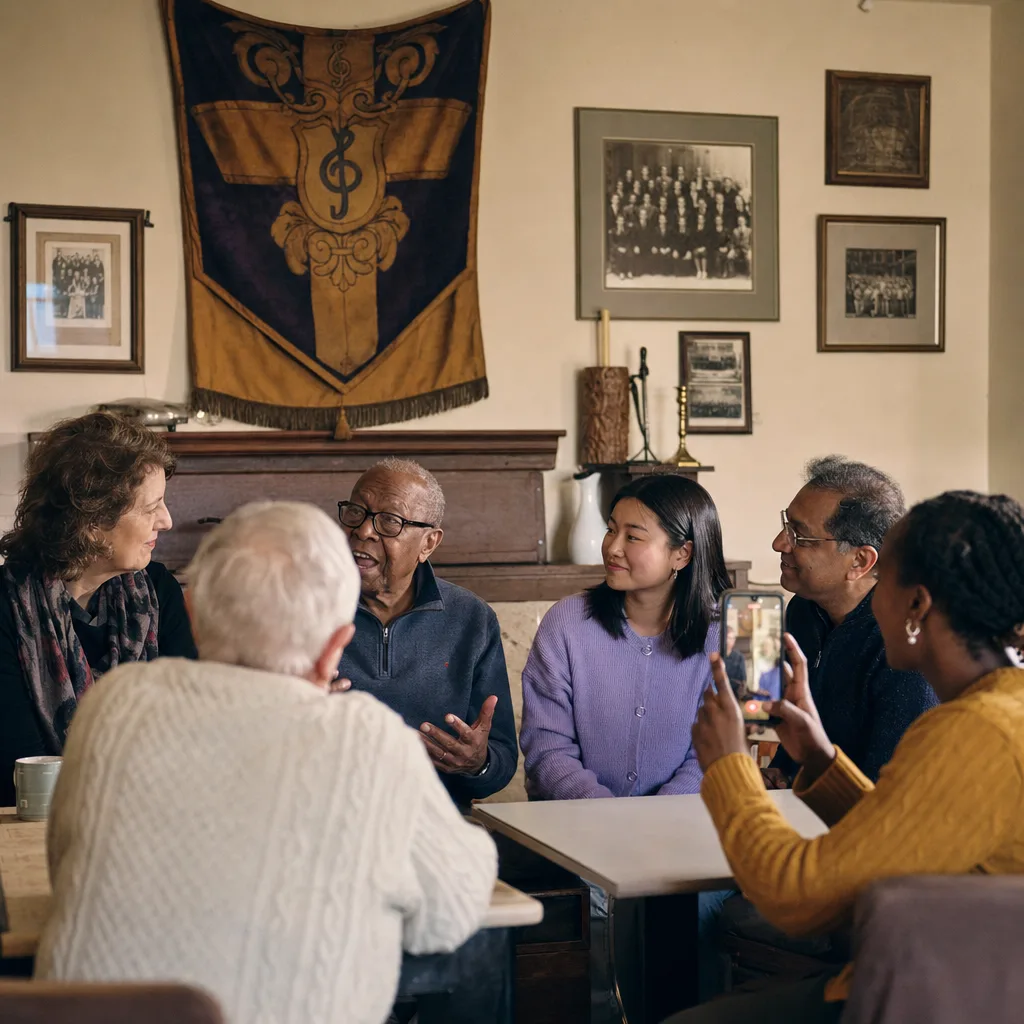 An older member of a small community club telling a story in the local hall.