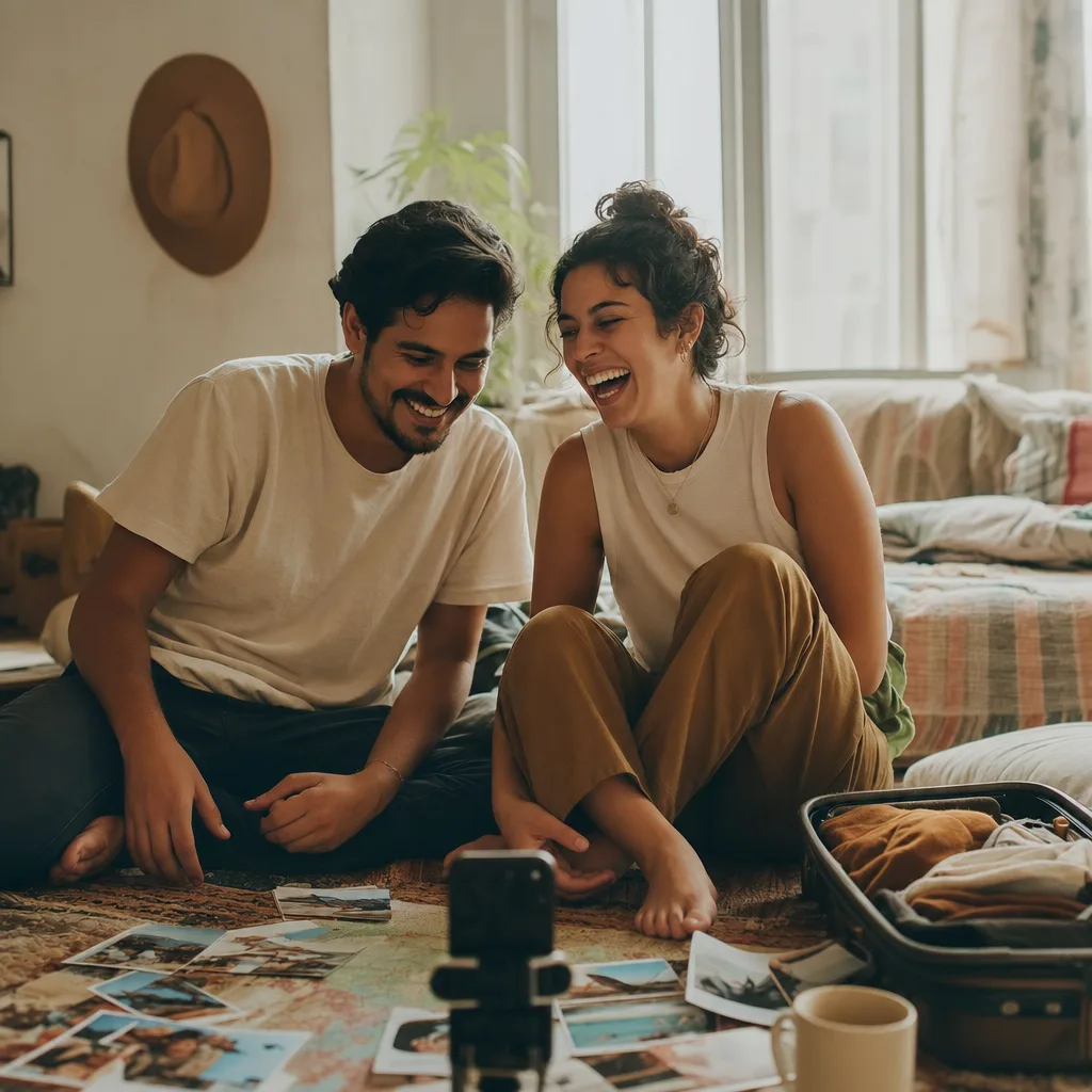 A couple sitting among travel photographs and talking about a long journey.